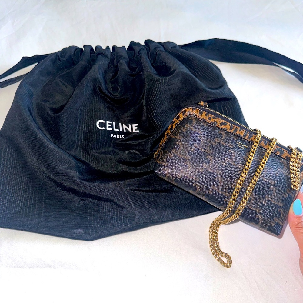 CELINE Triomphe Canvas Calfskin Leopard Print Mini Clutch on Chain